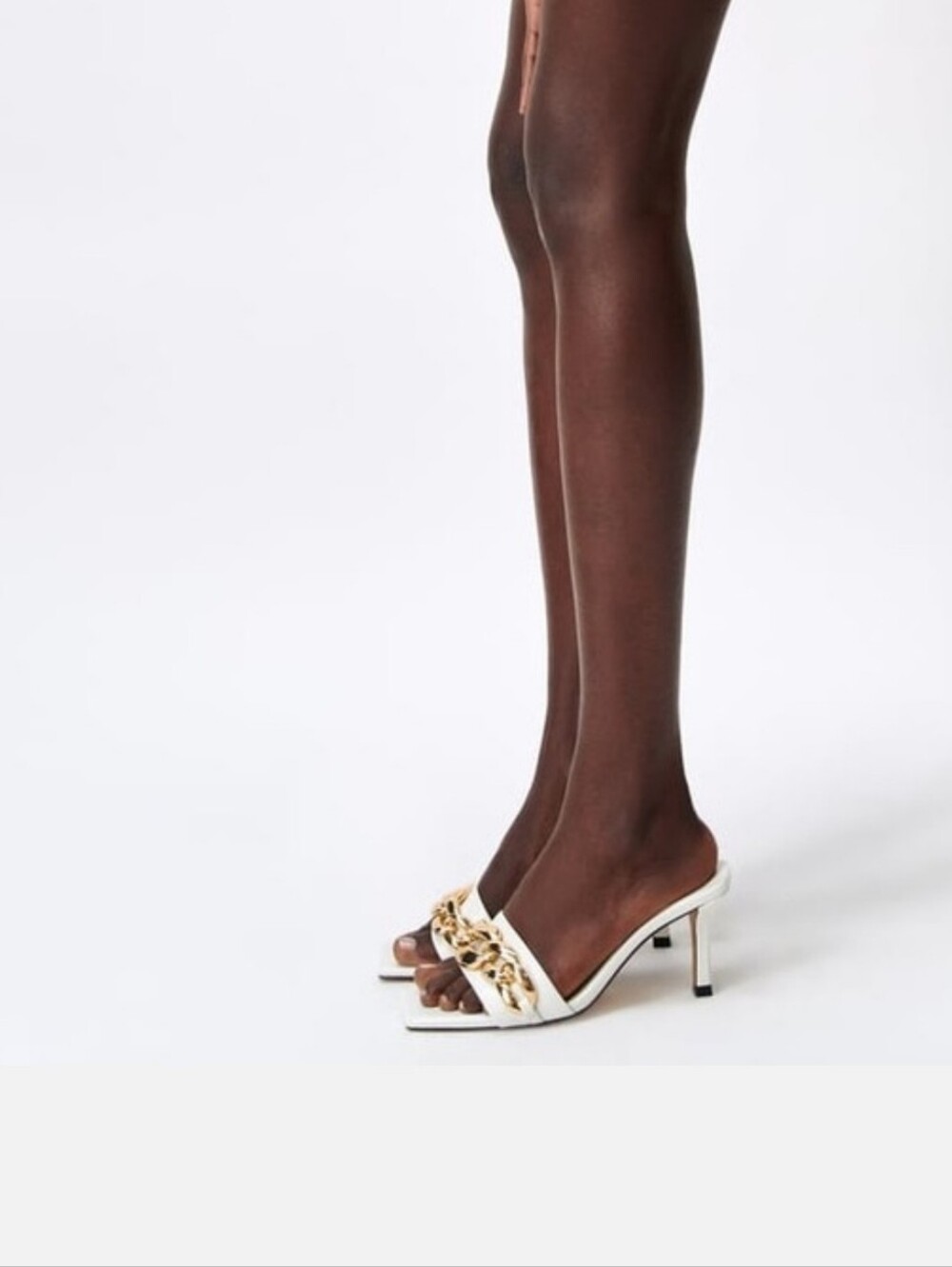 Zara Leather White Slide Mules with Gold Chain Kitten Heel Eur 37